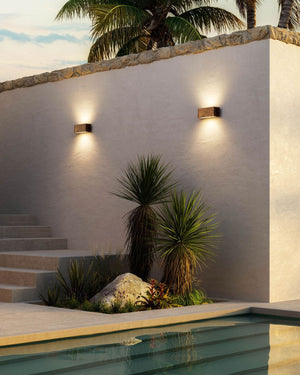Antique Copper Rectangular Wall Lights near a pool at golden hour time