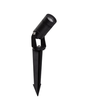 Black Adjustable Garden Spot Light with a tilting head held in a yoke bracket above a ground spike.

