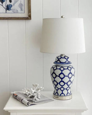 Ceramic Geometric Table Lamp on a side table in a coastal style home | Lighting Collective