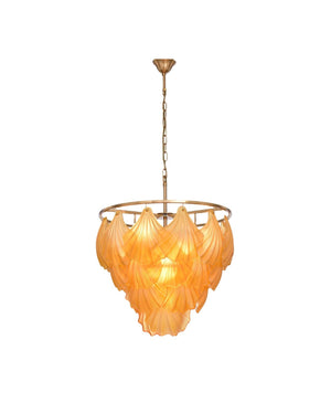 Coastal Luxe Amber Glass Chandelier with layered amber petal-shaped glass shades on circular brass ring frame, lit
