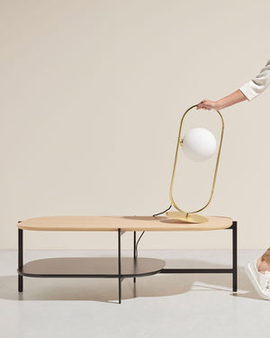 Modern coffee table with a Contemporary Opal Orb Table Lamp on a neutral background