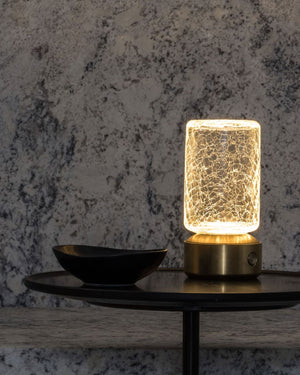 Crackle glass portable table lamp styled on a luxury side table