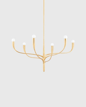 Chandelier with 6 arms that branch out in a vintage gold leaf finish
