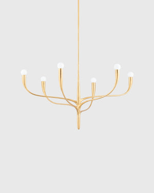Chandelier with 6 arms that branch out in a vintage gold leaf finish