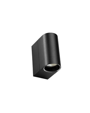 Black cylindrical light fixture on a white background