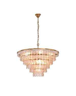 Elegant Cascading Shell Chandelier large with multiple tiers of circular capiz shell discs on polished brass ring frame
