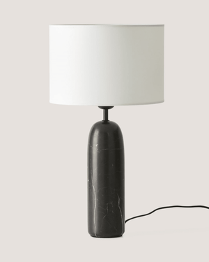Elegant black marble table lamp with white drum shade  
