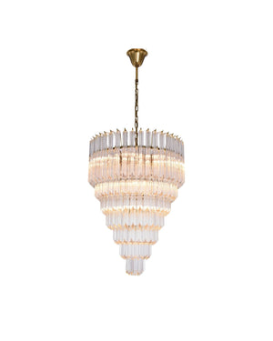 Elegant Star Motif Glass Chandelier with tiered clear star-shaped glass prisms and brass ceiling fitting on white background
