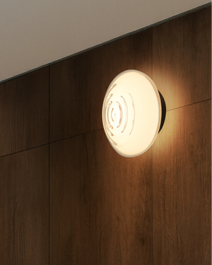 Flat glass disc wall light with wave texture mounted on wooden wall