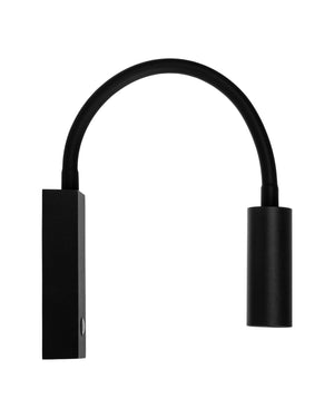 Flexible Arm Wall Light in black, bendable stem arched out from a slim wall plate.
