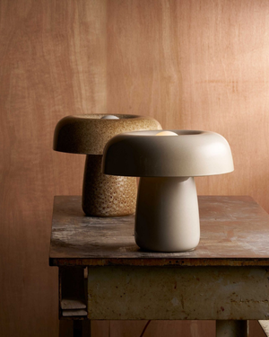 Two ceramic table lamps on a wooden surface with a wooden wall background