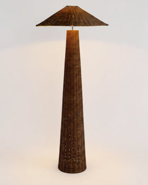 Conical shade handwoven rattan floor lamp with warm downlight on
