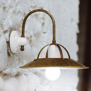 Brass and White Glazed Ceramic Wall Light on a white wall