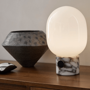 Scandinavian Oval Table Lamp | JWDA Calacatta Viola Marble on a console table 