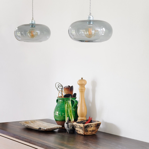 Mouth Blown Danish Glass Pendant | Silver medium over a console table in a kitchen