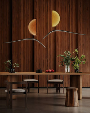 Italian Artistic Glass Pendant in a Wooden Modern Dining Room Interior 