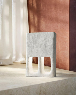 Italian Ceramic Table Lamp on stone ledge against terracotta backdrop with sheer white curtain and natural light