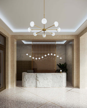 Eight light modern chandelier in the entrance hall of a premium hotel