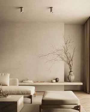 Two large light grey ceiling light in a coastal living room