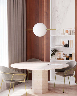 Art Series | Geometric Spherical Pendant | Single over a dining table in a modern warm neutral room