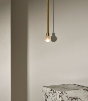 Minimalist Metal and Glass Spherical Pendant | Solid Rod | Orb | Small | Brass | Clear Frosted | Lighting Collective