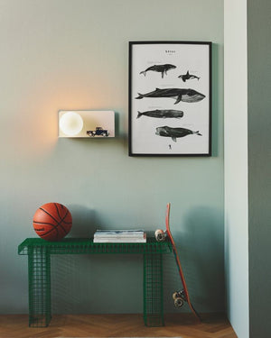 White Minimalist Wall Shelf Light used as shelf in children's room with whale painting next to the light. 