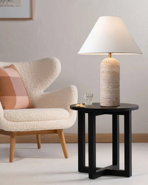 Minimalist Linen and Travertine Table Lamp | Ex Display | SALE - Lighting Collective