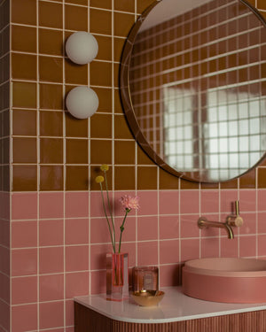 Minimalist Sphere Wall Light in Pink & Brown Bathroom