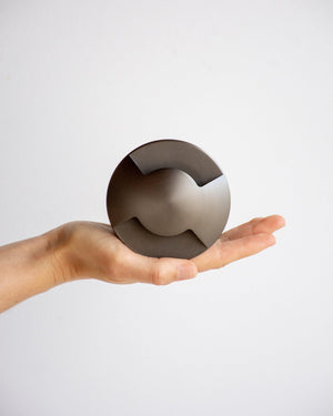 A hand holding a stainless steel and brass circular step light