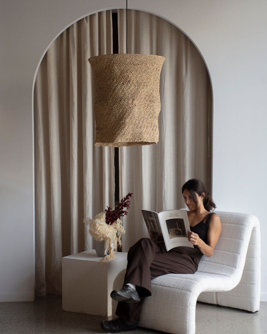 Natural Woven Banana Leaf Pendant | Lyric | Styled in Living Room with Magazine