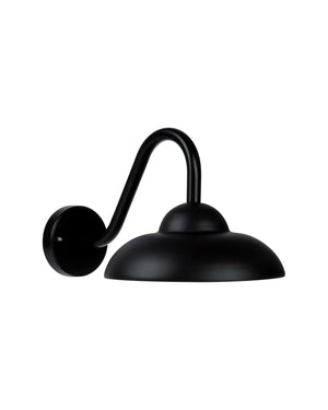 Open Dome Wall Light in black, a 250mm shade with a clean open rim on a swan neck arm.