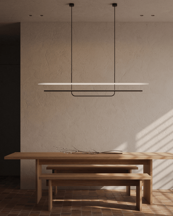 Black powder-coated pendant hanging above a wooden dining table
