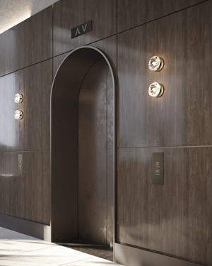 Wooden panel with arched design and decorative lights