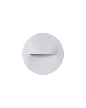 Round Outdoor Step or Wall Light in white with a horizontal slot cut across the aluminium disc
