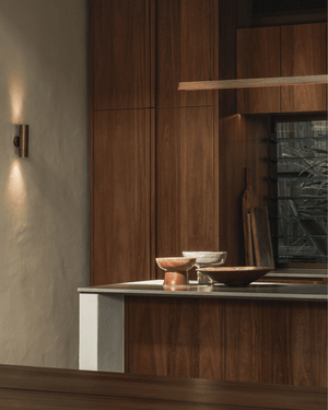 Timber linear pendant over a kitchen island made in Currumbin, Australia by Fluxwood 