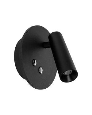 Single Adjustable Task Light in black, round faceplate with an adjustable spot on a short arm.
