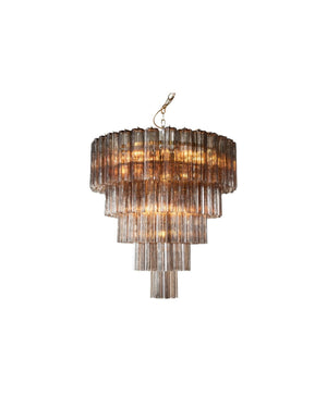 Smoke Quartz Glass Cascading Chandelier large in smoky amber glass with five cascading tiers and warm glowing interior
