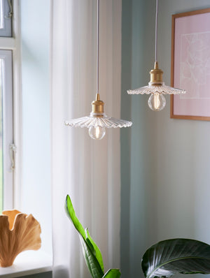 Two Vintage Ribbed Glass Pendants against  a pale green interior wall - Lighting Collective 