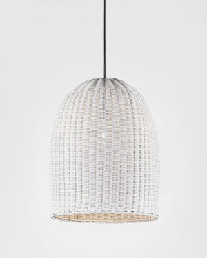 Woven white rattan bell pendant small on white background showing dome form and open weave texture
