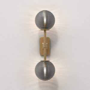 Antique Brass Modern Dual Glass Globe Wall Light | Smoke Ribbed Glass | Lighting Collective