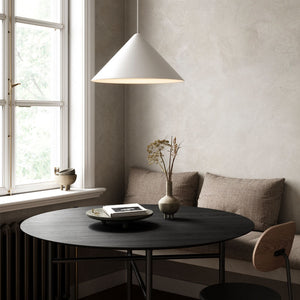 Industrial Danish Matt Wide Pendant Light white finish over a coffee table