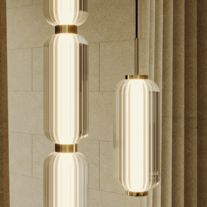 Elegant Oblong Striped Glass Pendant close up and hung with the linear pendant