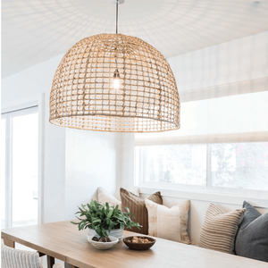 Handmade Abaca Pendant Shade Lolesa large size suspended over a dining table