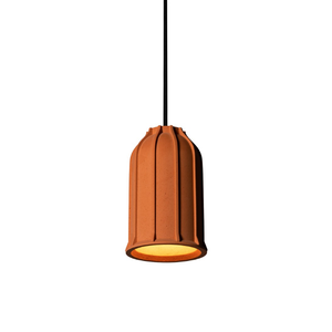 organic ribbed earth pendant with orange finish and lit up