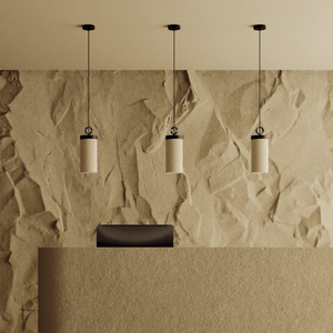Contemporary Linen Cylindrical Pendant Light at a reception desk as a line cluster